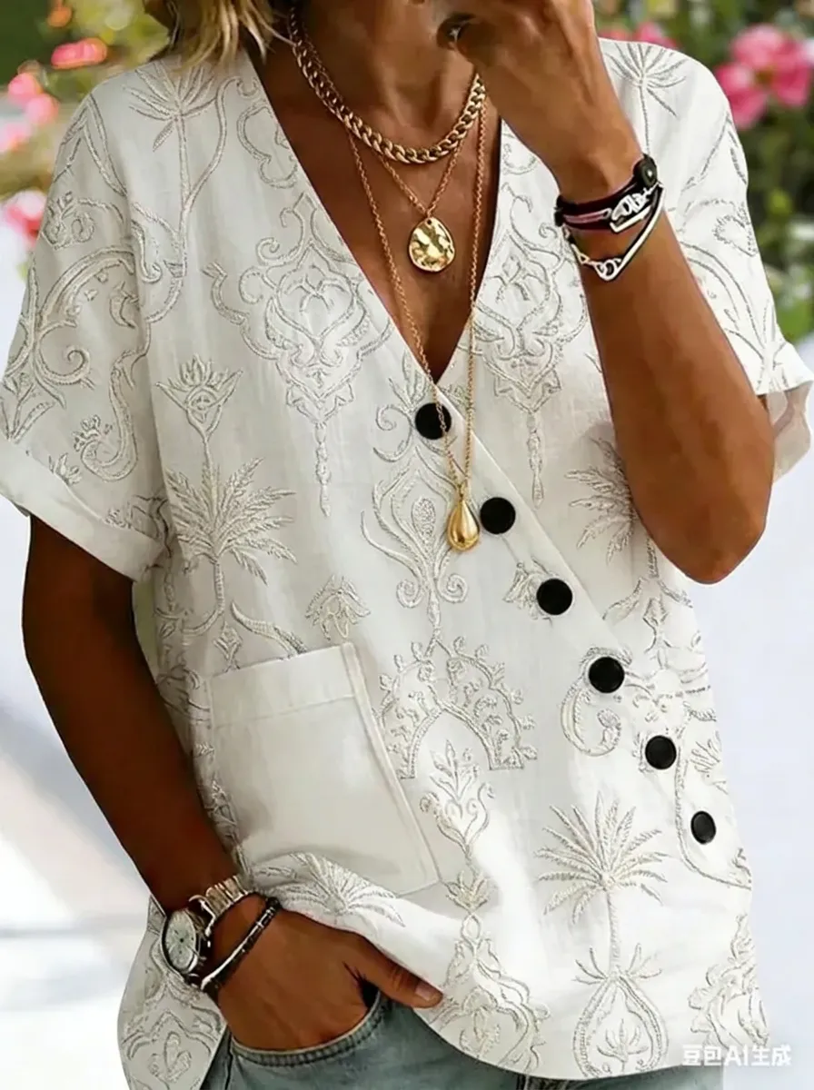 Women's Nashville Floral Damask Printed V-Neck Button Top