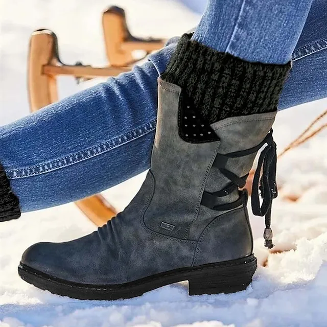 Women's Boots Snow Boots Sweater Boots Plus Size Outdoor Daily Mid Calf Boots Winter Lace-up Flat Heel Round Toe Casual Faux Leather Zipper Black Red Blue