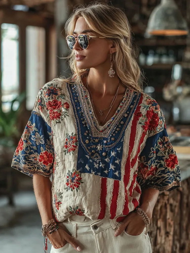 Women's Independence Day Flag Flower Embroidered Short Sleeve Linen Blend T-shirt
