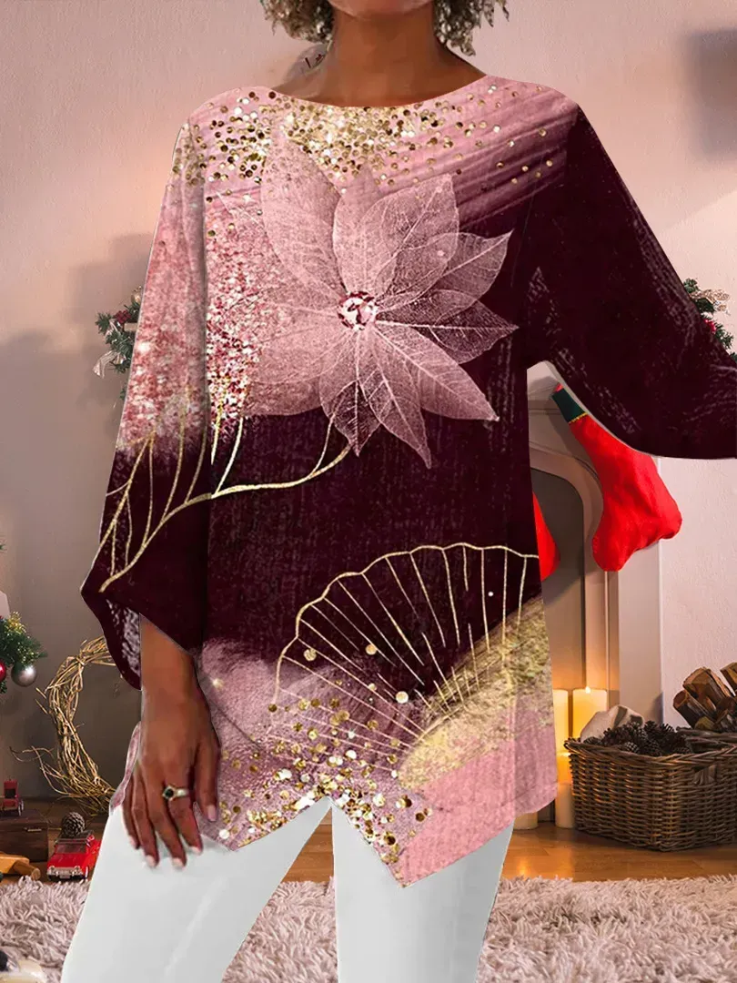 Women Asymmetrical 3/4 Sleeve Scoop Neck Floral Printed Graphic Top Dress