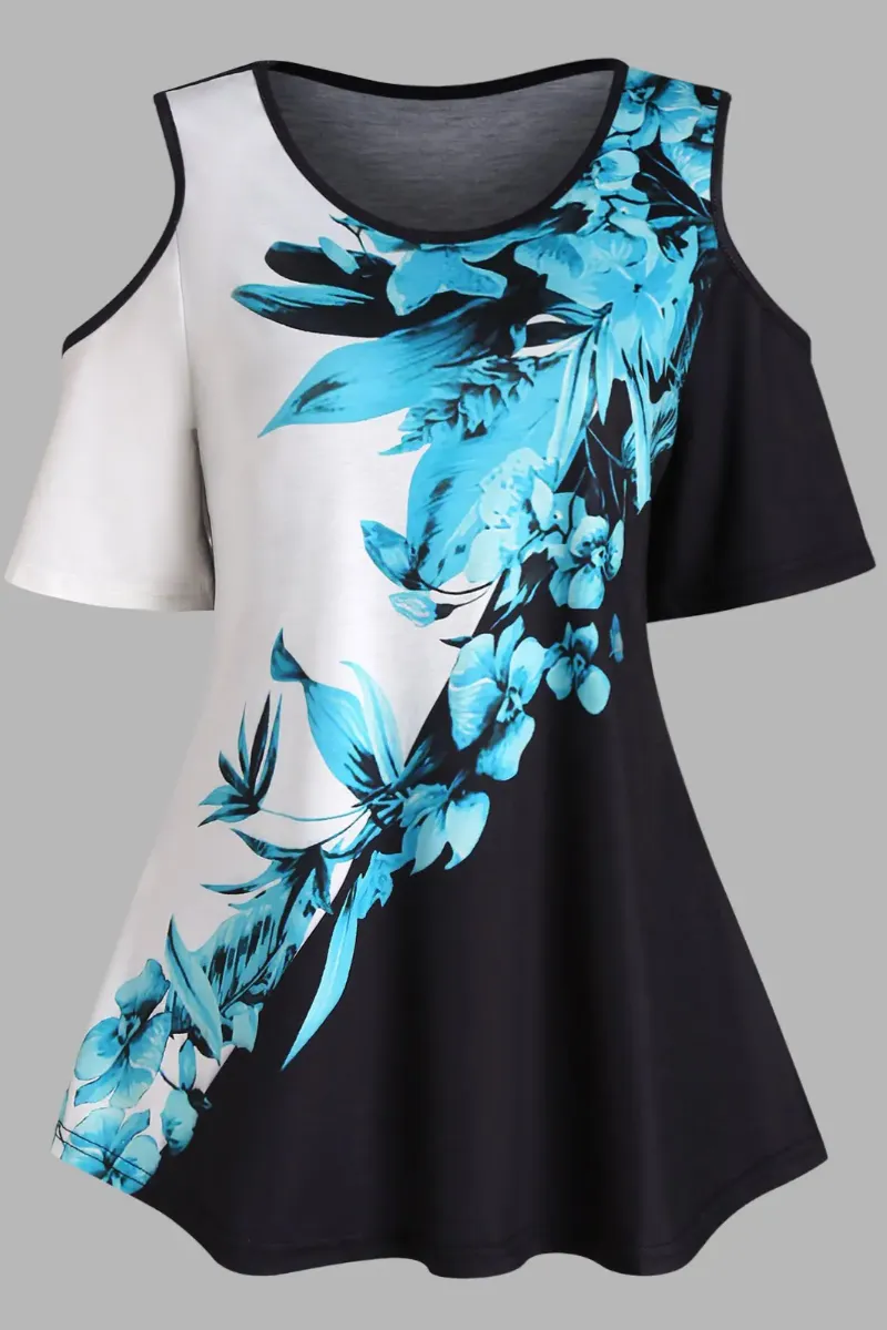 Leaf Flower Print T Shirt Cold Shoulder Short Sleeve Summer Casual Tee