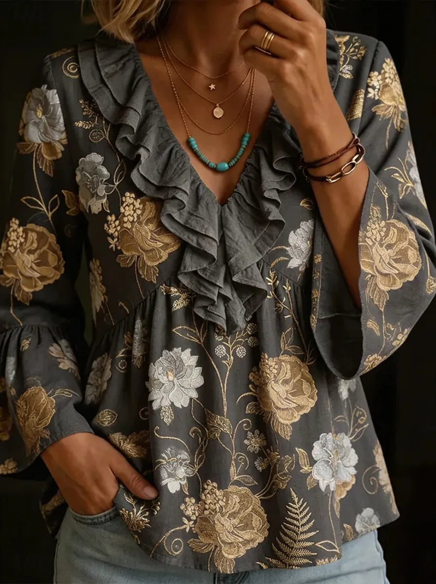 Women's Nashville Floral Ruffle Trim Printed Top