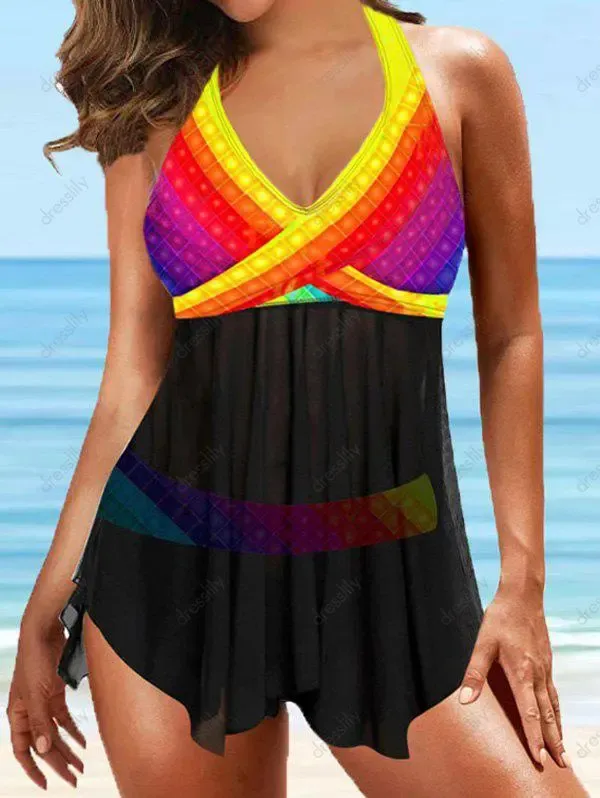Modest Tankini Swimsuit Rainbow Geometric Print Mesh Twisted Halter Beach Swimwear