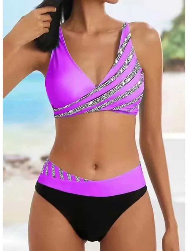 Women's Swimwear Bikini Plus Size Swimsuit 2 Piece Stripe Striped Black Burgundy Blue Lavender Purple Bandeau Bathing Suits Sports Push Up Summer