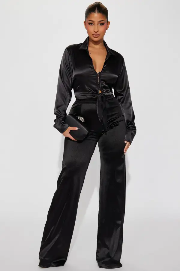 Dinner Party Satin Blouse Top - Black