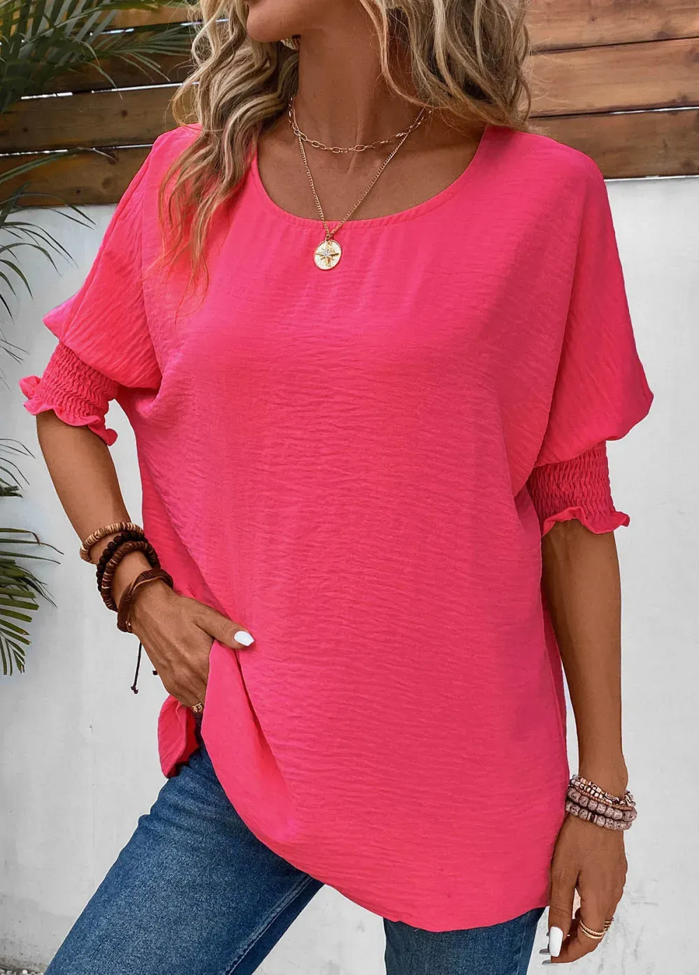 Hot Pink Smocked Half Sleeve T Shirt