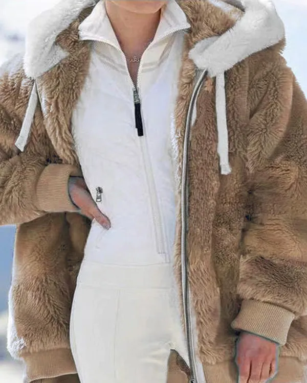 Long Sleeve Fuzzy Hooded Zip Up Teddy Coat