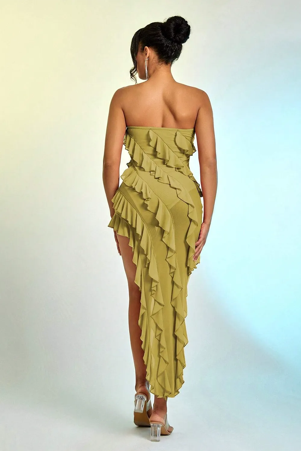 Ruffle Trim Asymmetrical Hem Mesh Tube Dress