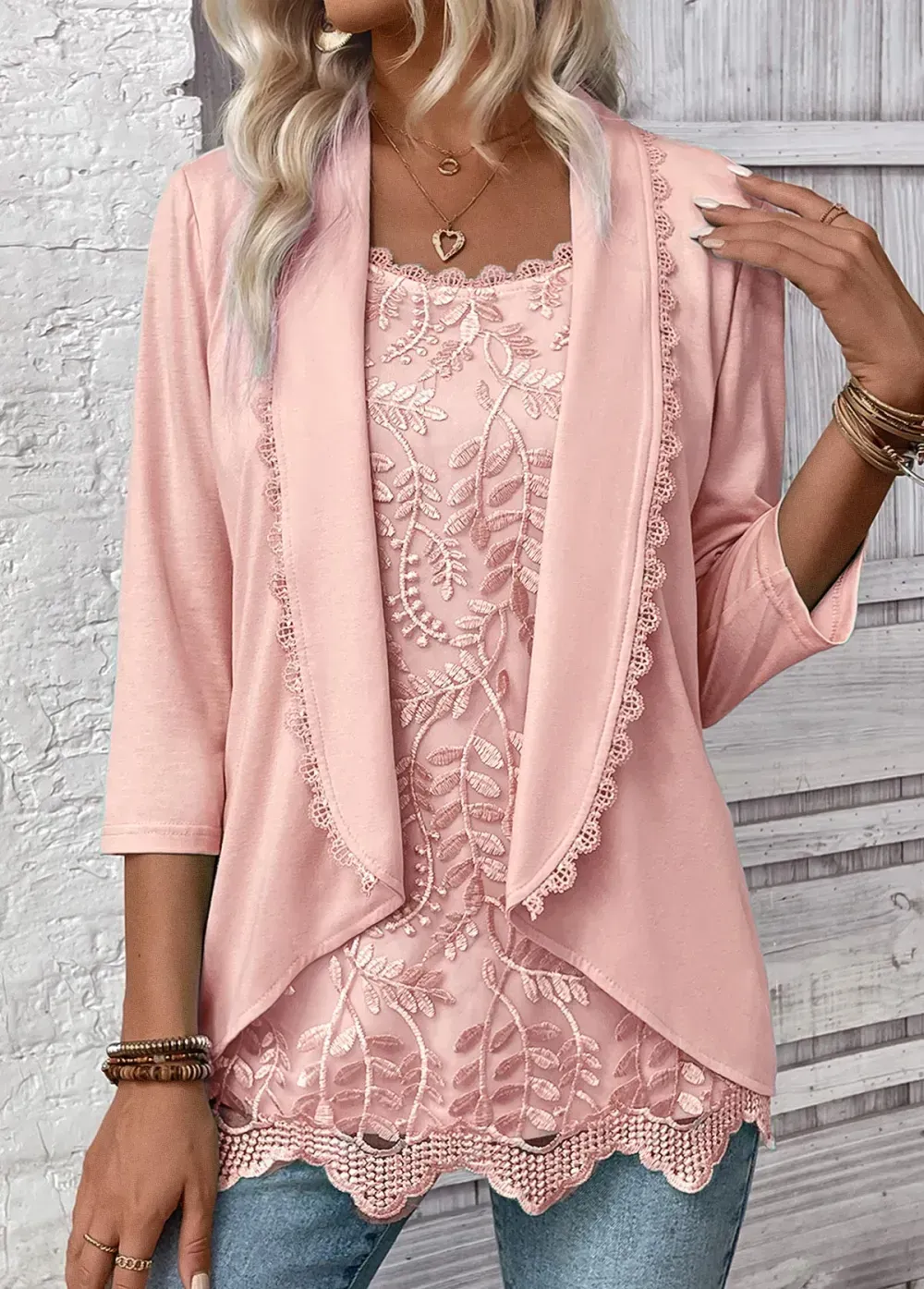 Light Pink Fake 2in1 3/4 Sleeve T Shirt