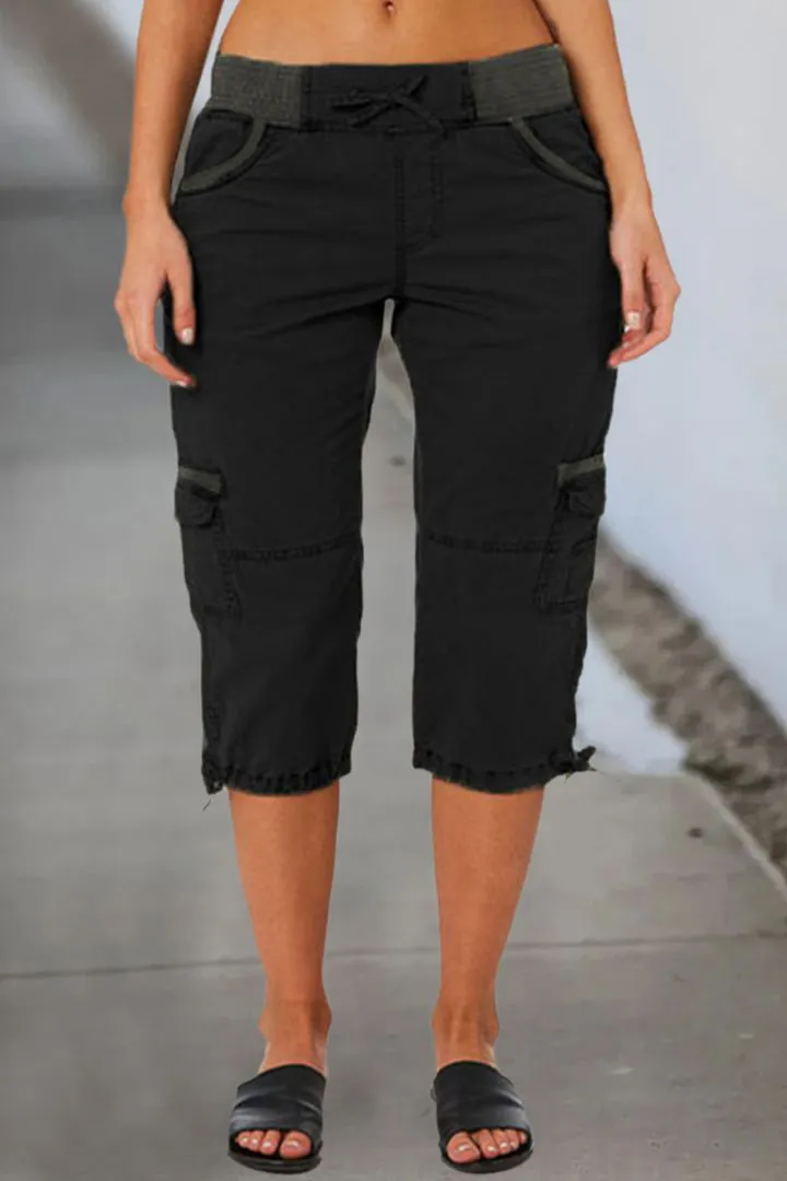 Drawstring Waist Flap Pocket Design Capris Pants