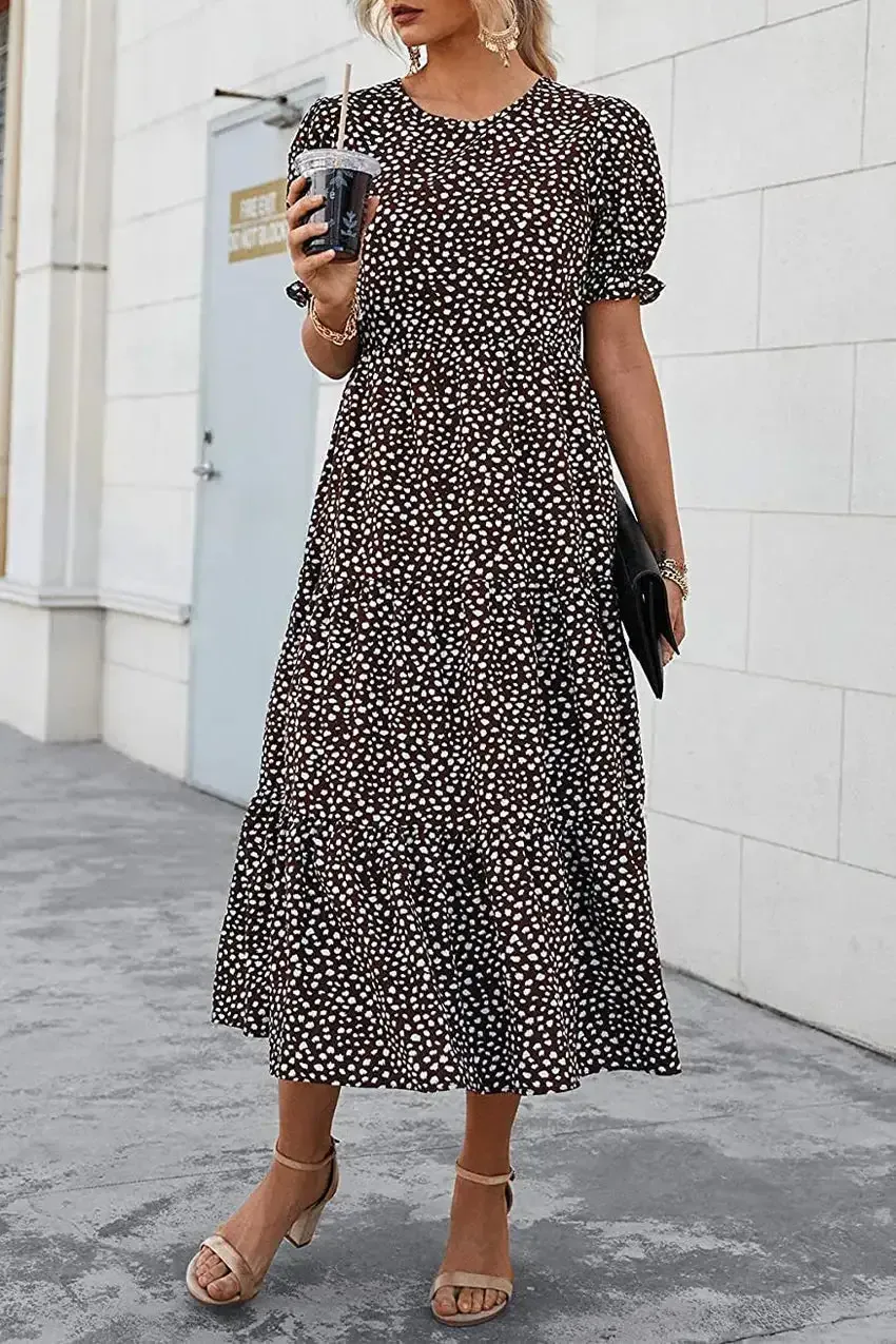 Floral Print Ruffle Puff Sleeve High Waist Midi Dresses