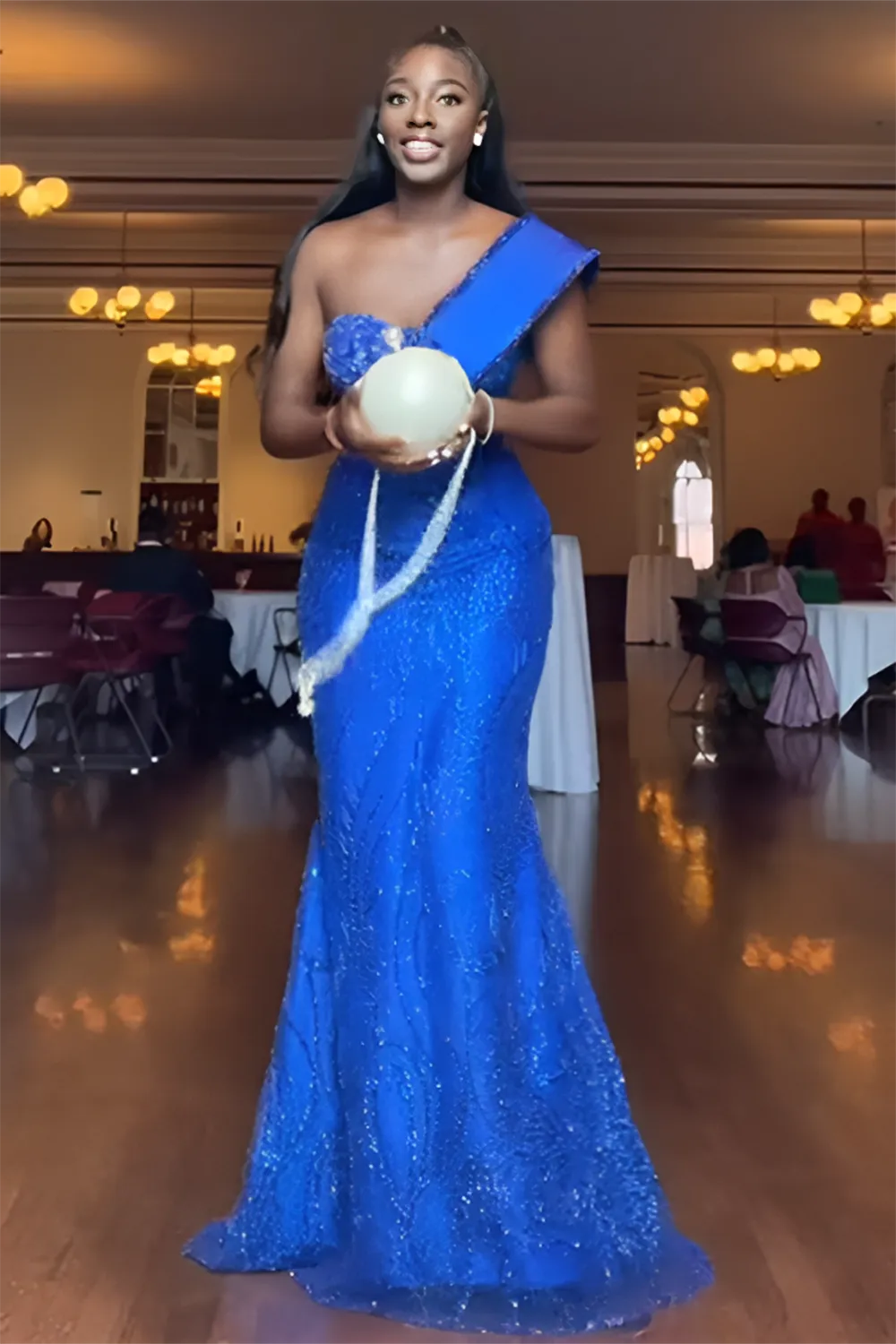 Custom sequined one-shoulder gown