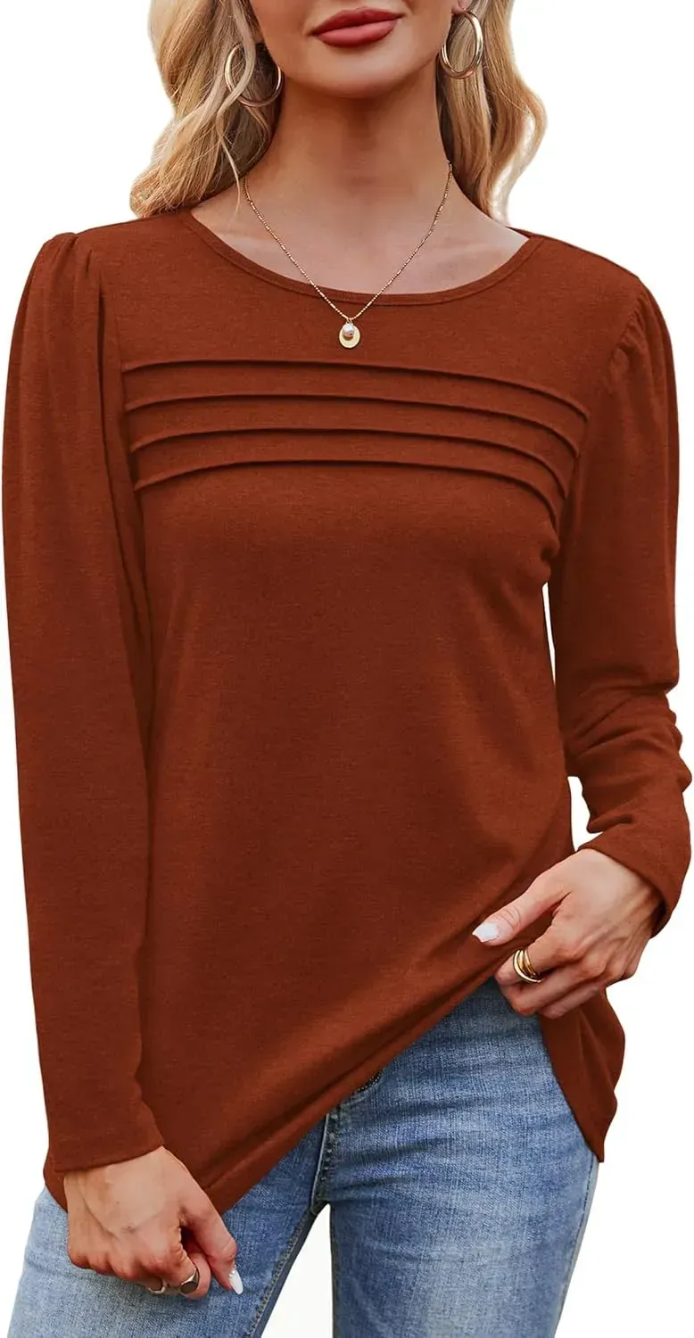 OFEEFAN Long Sleeve Shirts for Women Fall Fashion 2024 Dressy Casual Blouses Trendy Pleated Tunic Tops for Leggings