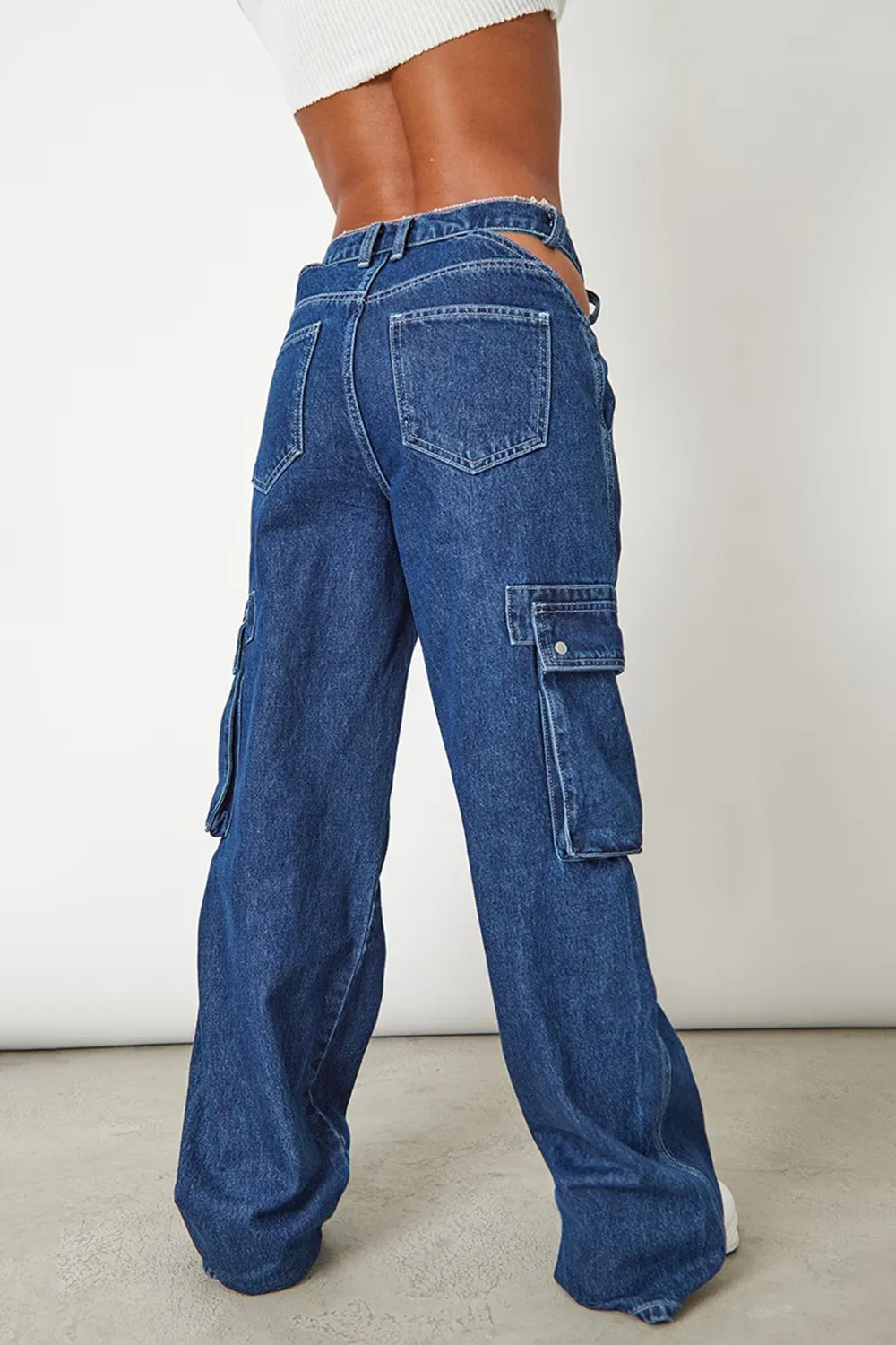 Dark Blue Wash Cut Out Asymmetric Waistband Cargo Jeans