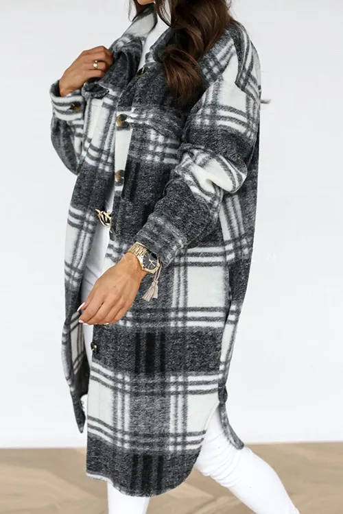 Shirt Collar Button Closure Plaid Coat