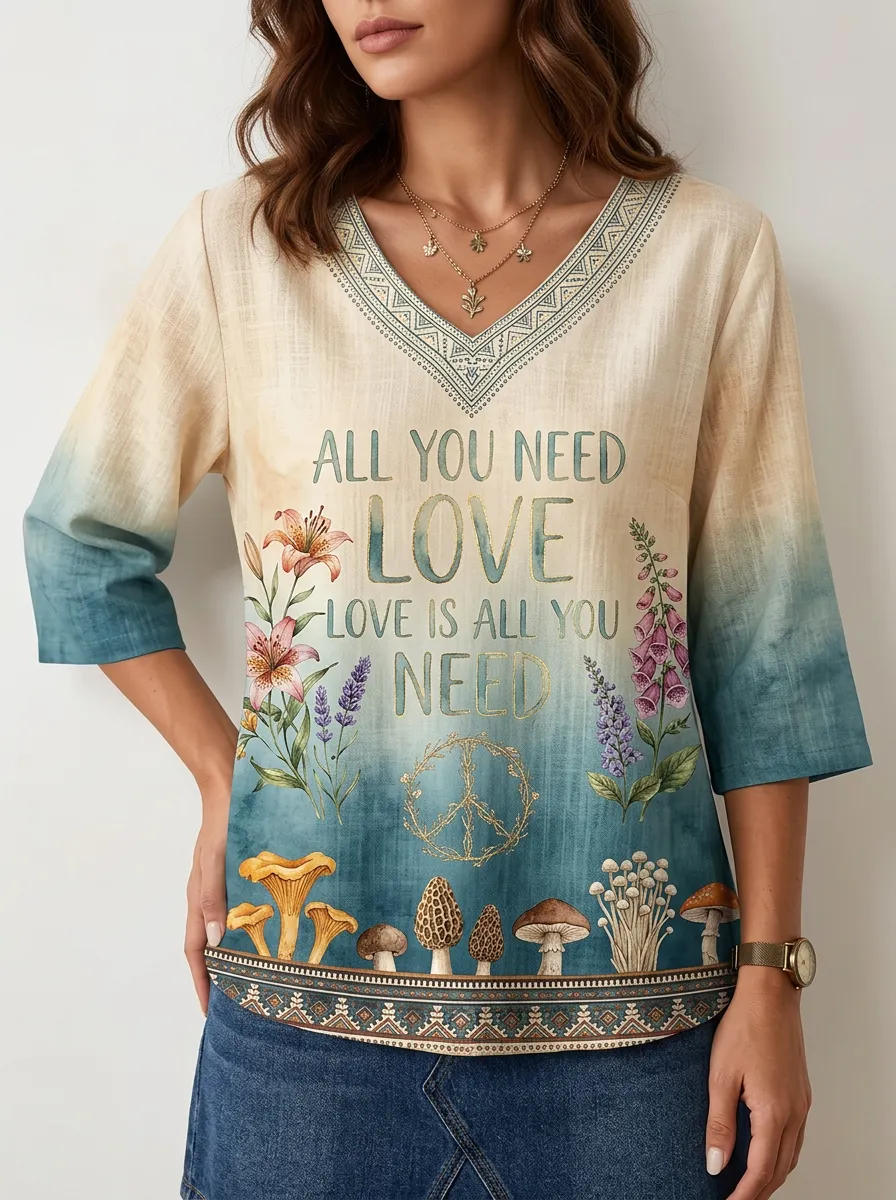 Women's Nashville Love Mushroom Floral Printed V-neck Top