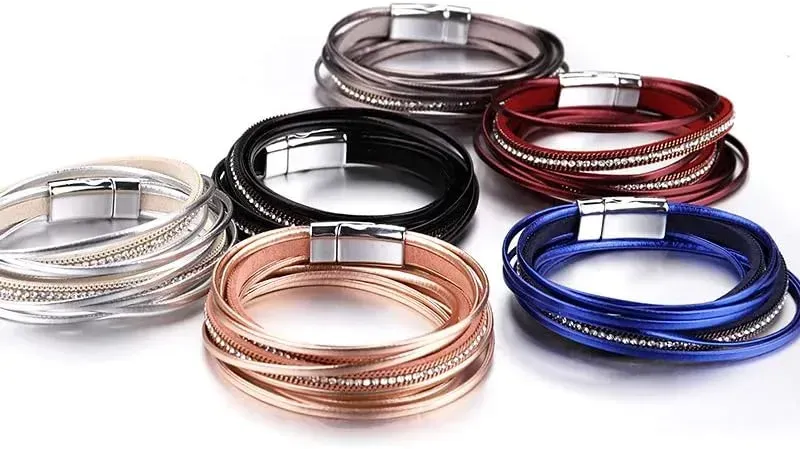 Fesciory Leather Wrap Bracelets for Women, Boho Leopard Multi-Layer Crystal Beads Cuff Bracelet Jewelry