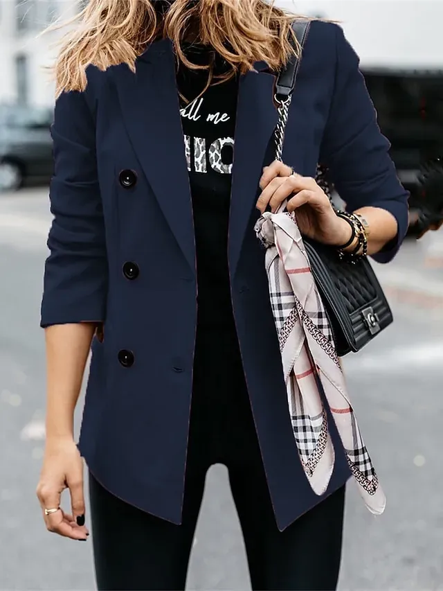 Women's Blazer Outdoor Button Solid Color Warm Fashion Regular Fit Outerwear Long Sleeve Fall Light Blue S