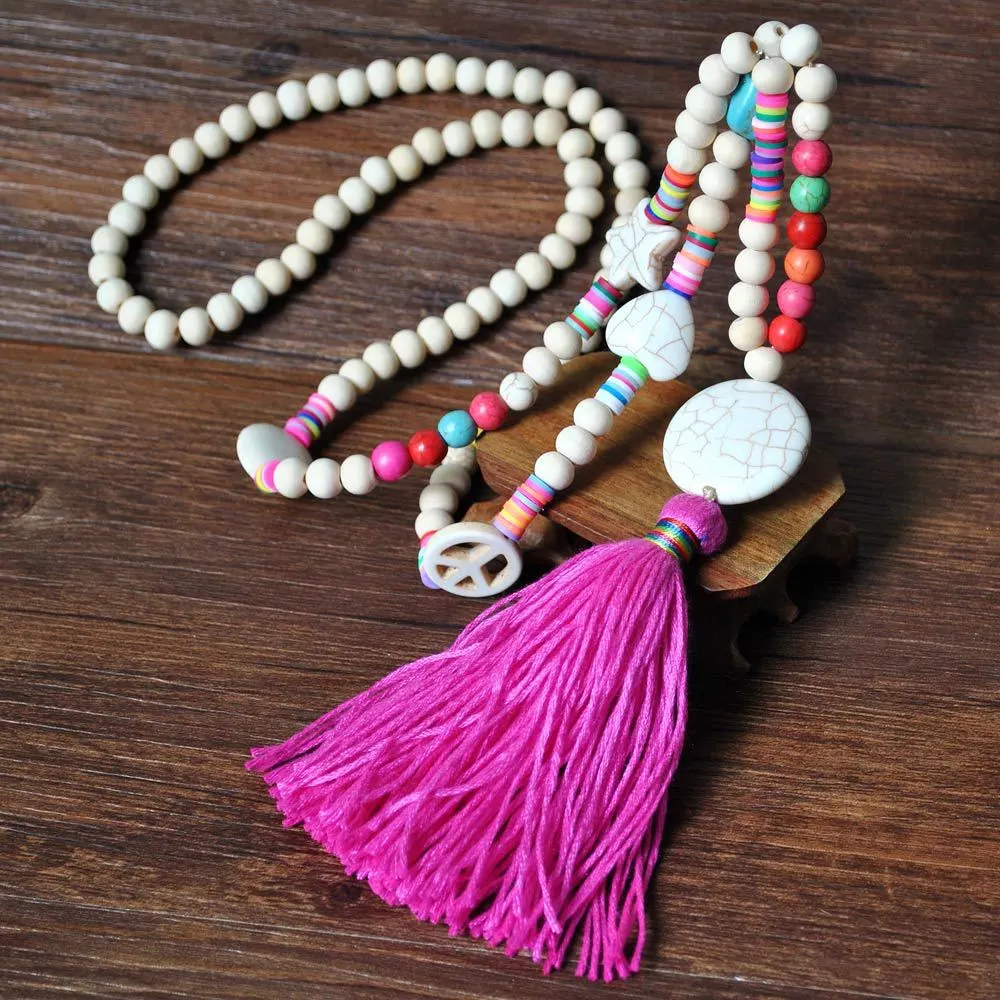 Boho Linen Dress Pendant Fringed Sweater Necklace