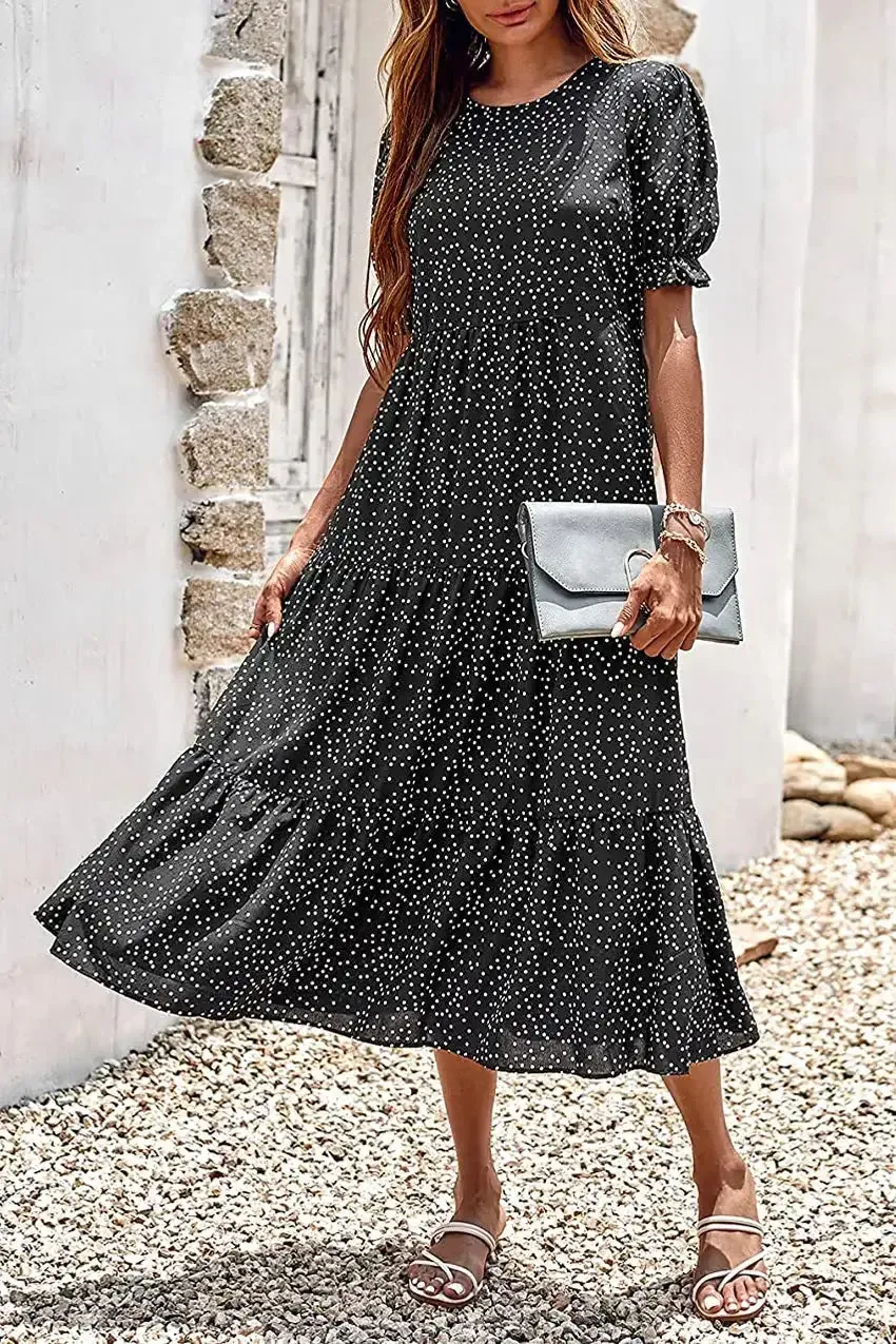 Floral Print Ruffle Puff Sleeve High Waist Midi Dresses