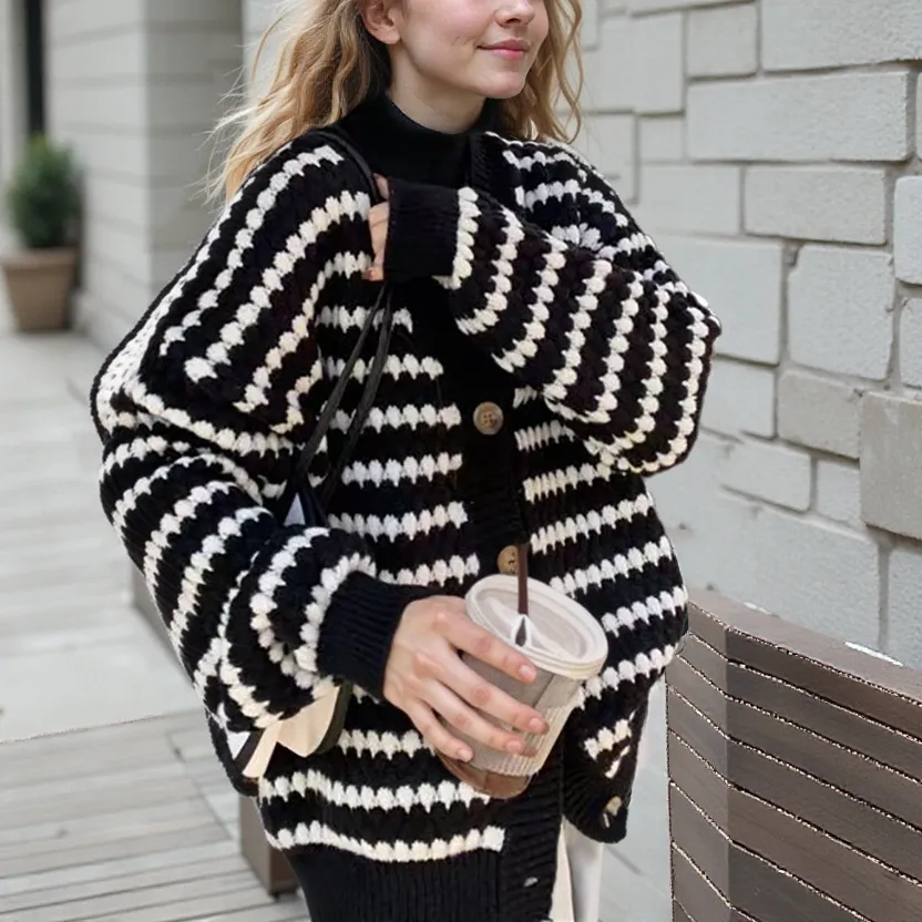 Casual Striped Woolen Knit Cardigan