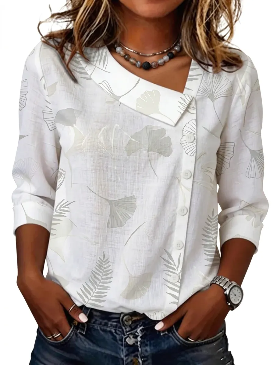 Women's Nashville Botanical Ginkgo Leaf Printed Asymmetric Button Shirt