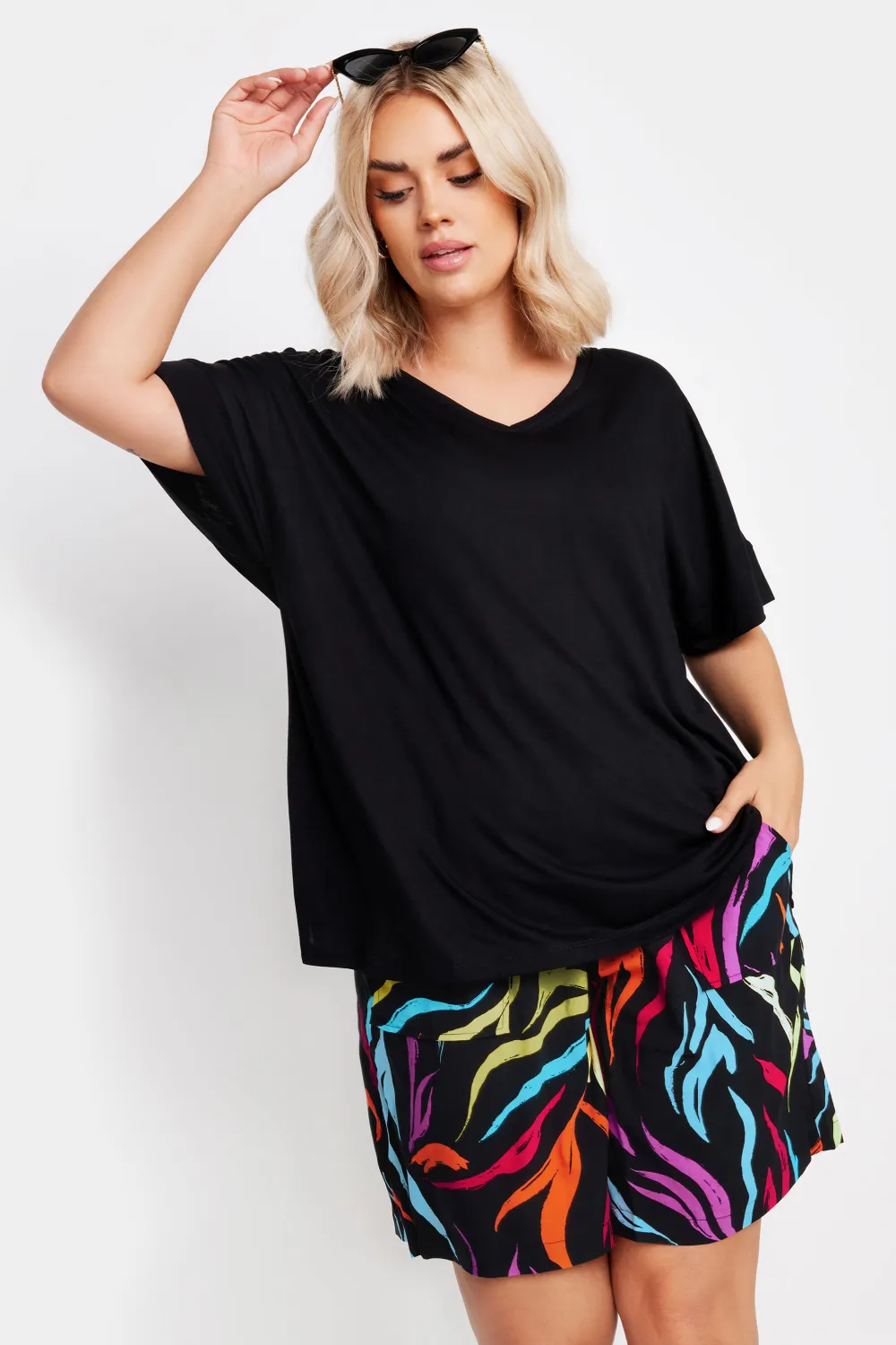YOURS Curve Black Rainbow Zebra Print Paperbag Shorts