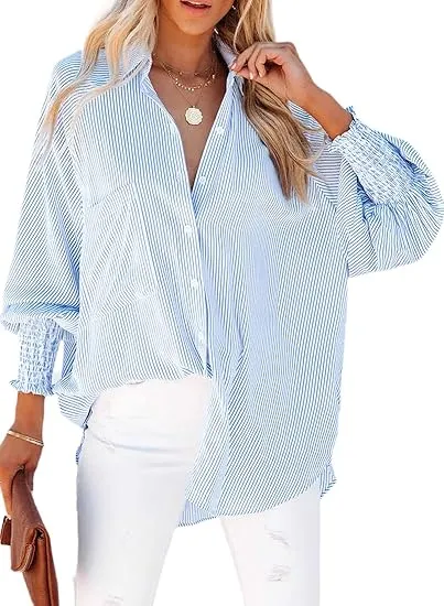 Womens Smocked Cuffed Striped Boyfriend Shirt Casual Collar Long Sleeve Oversized Button Down Blouse Tops with Pocket Shirred