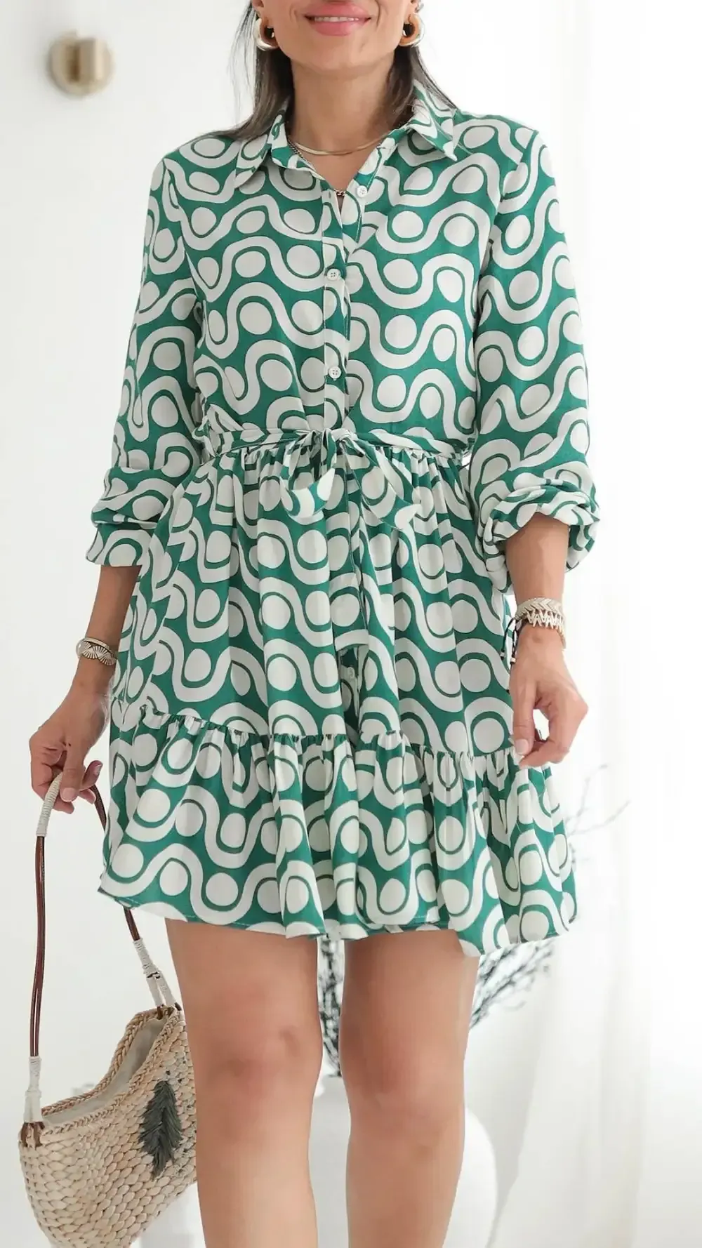 Women's Lapel Sleeve Printed Casual Dress