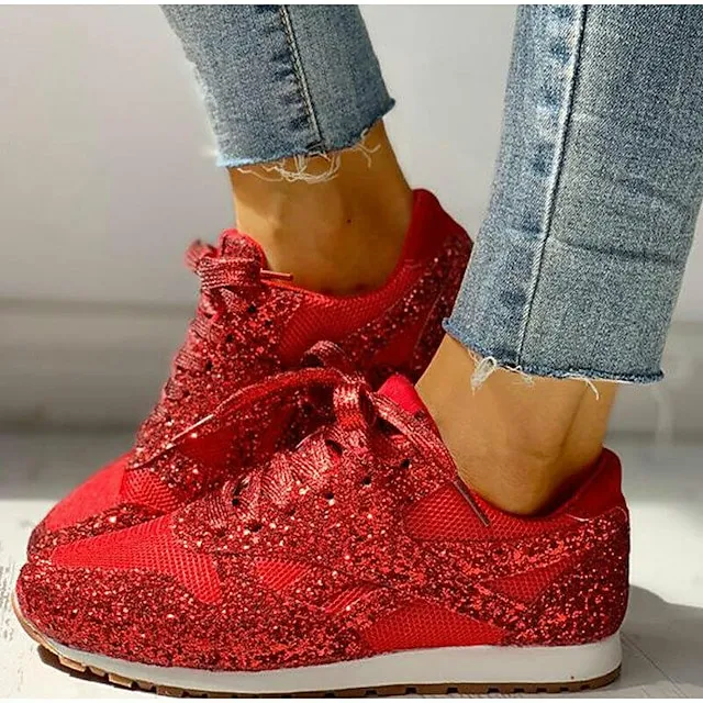 Women's Trainers Athletic Shoes Sneakers Sequins Plus Size Bling Bling Sneakers Outdoor Daily Summer Sequin Platform Flat Heel Round Toe Sporty Classic Casual Tennis Shoes Walking Mesh Lace-up Color
