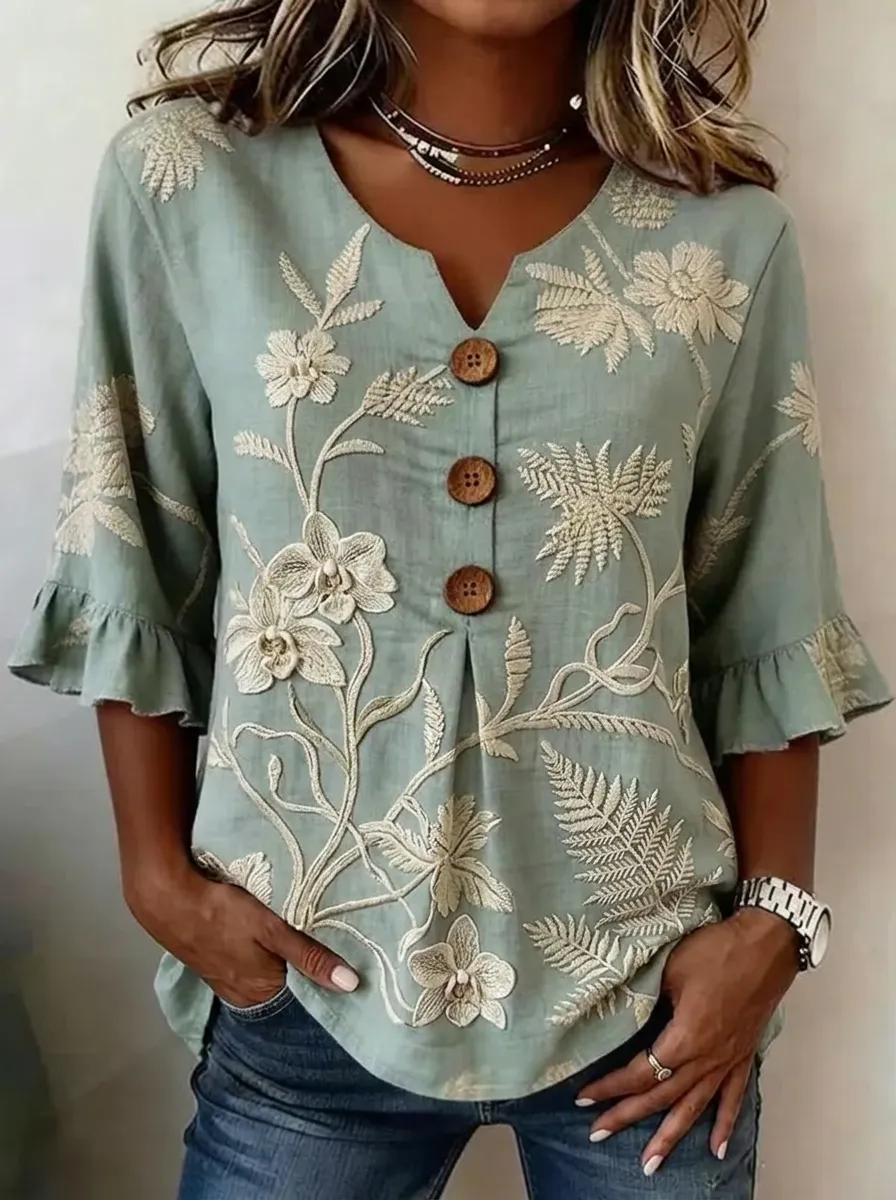 Women's Nashville Floral Botanical Embroidered Buttoned V-neck Top