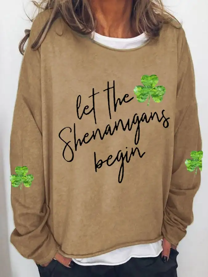 Women's Let The Shenanigans Begin Lucky Shamrock Casual Long-Sleeve T-Shirt