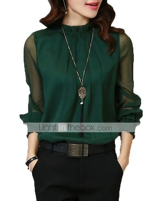 Women's Shirt Blouse Eyelet top Turtleneck shirt Wine Black White Mesh See Through Long Sleeve Office Work Business Basic Casual Regular Regular Fit Lantern Sleeve M