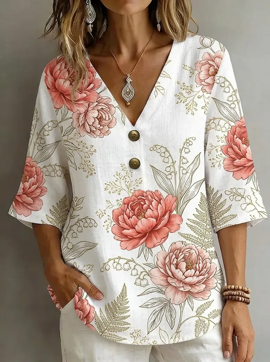 Women's Nashville Floral Peony Printed V-Neck Button Top
