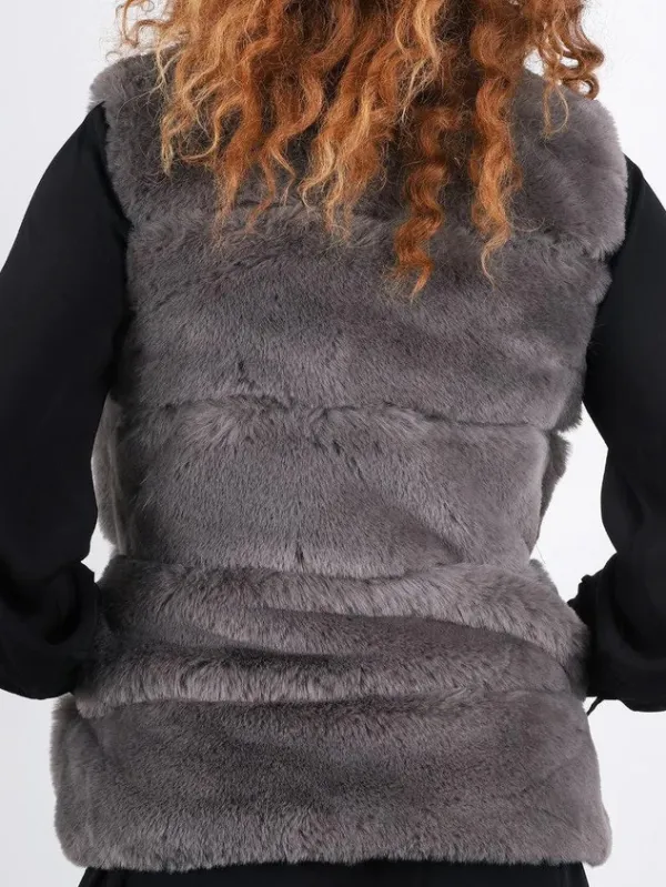 Women Casual Grey Faux Fur Gilet