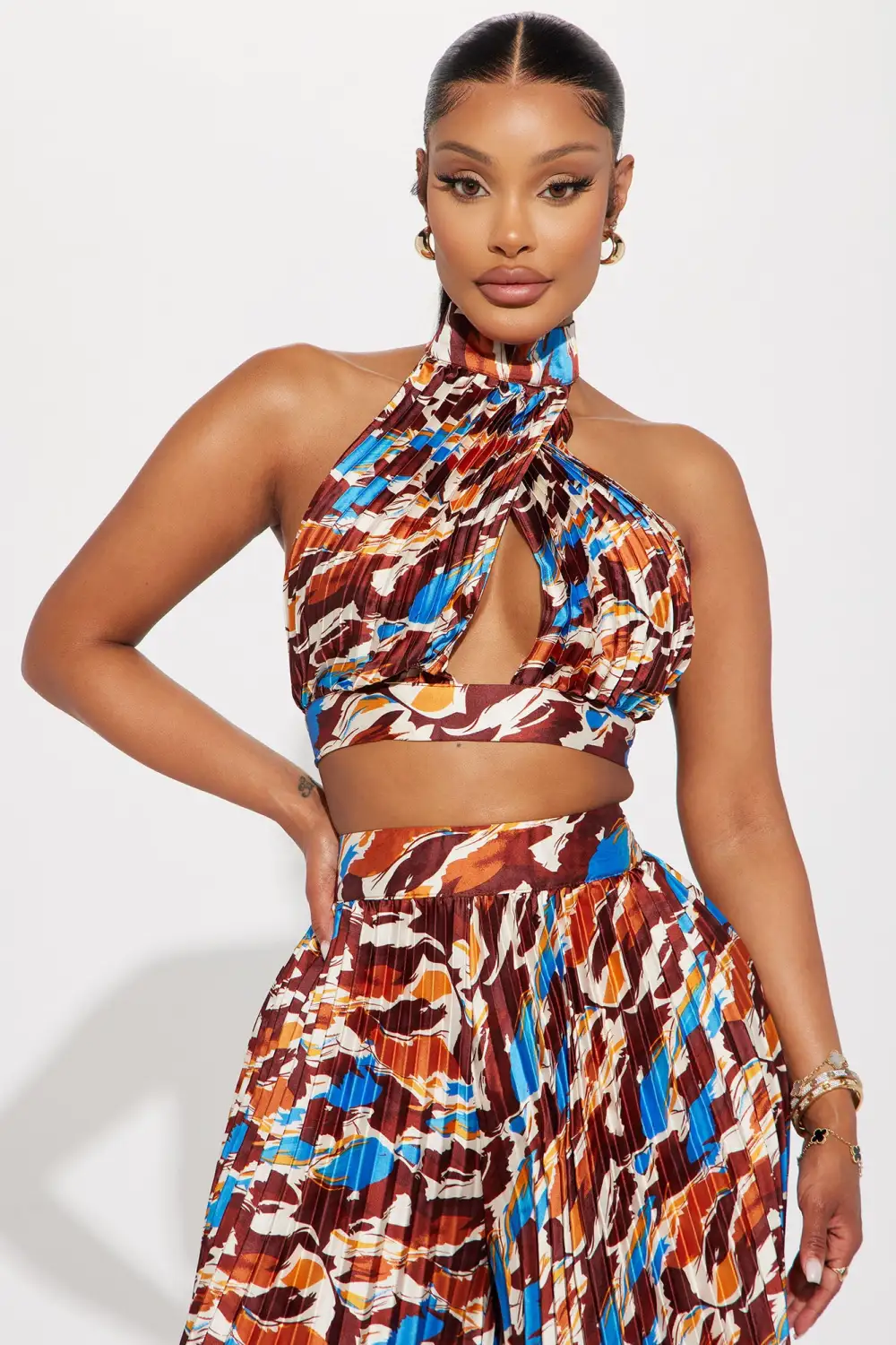 Pia Pleated Skirt Set - Rust/combo