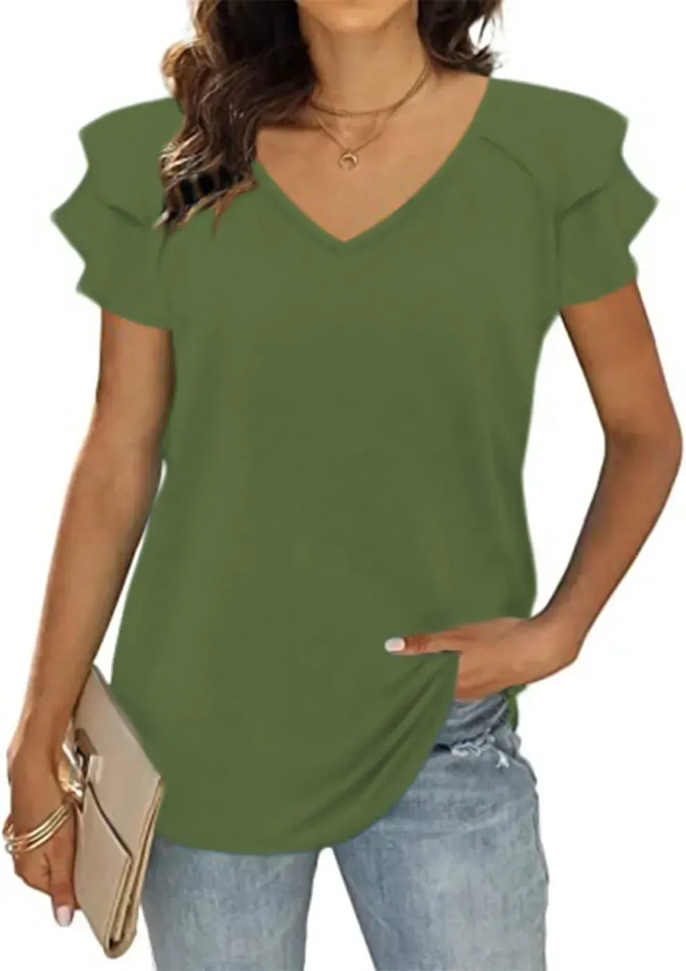 T&Twenties Womens Summer Tops Ruffle Short Sleeve Tunic Tops V Neck Loose Fit Flowy T-Shirts
