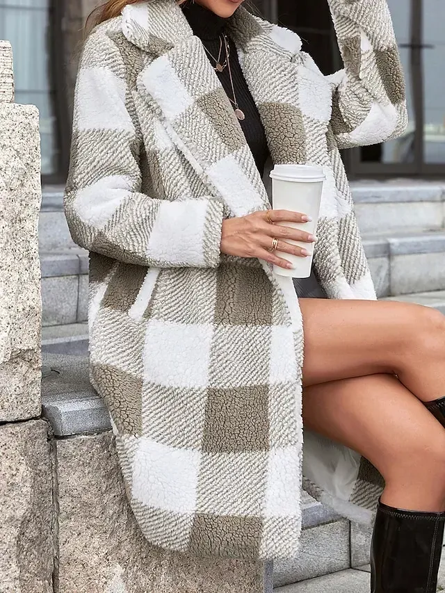 Women's Fleece Jacket Sherpa Jacket Teddy Coat Windproof Warm Long Coat Plaid Winter Coat with Pocket Open Front Heated Coat Outerwear Long Sleeve Fall Winter Wine Khaki S