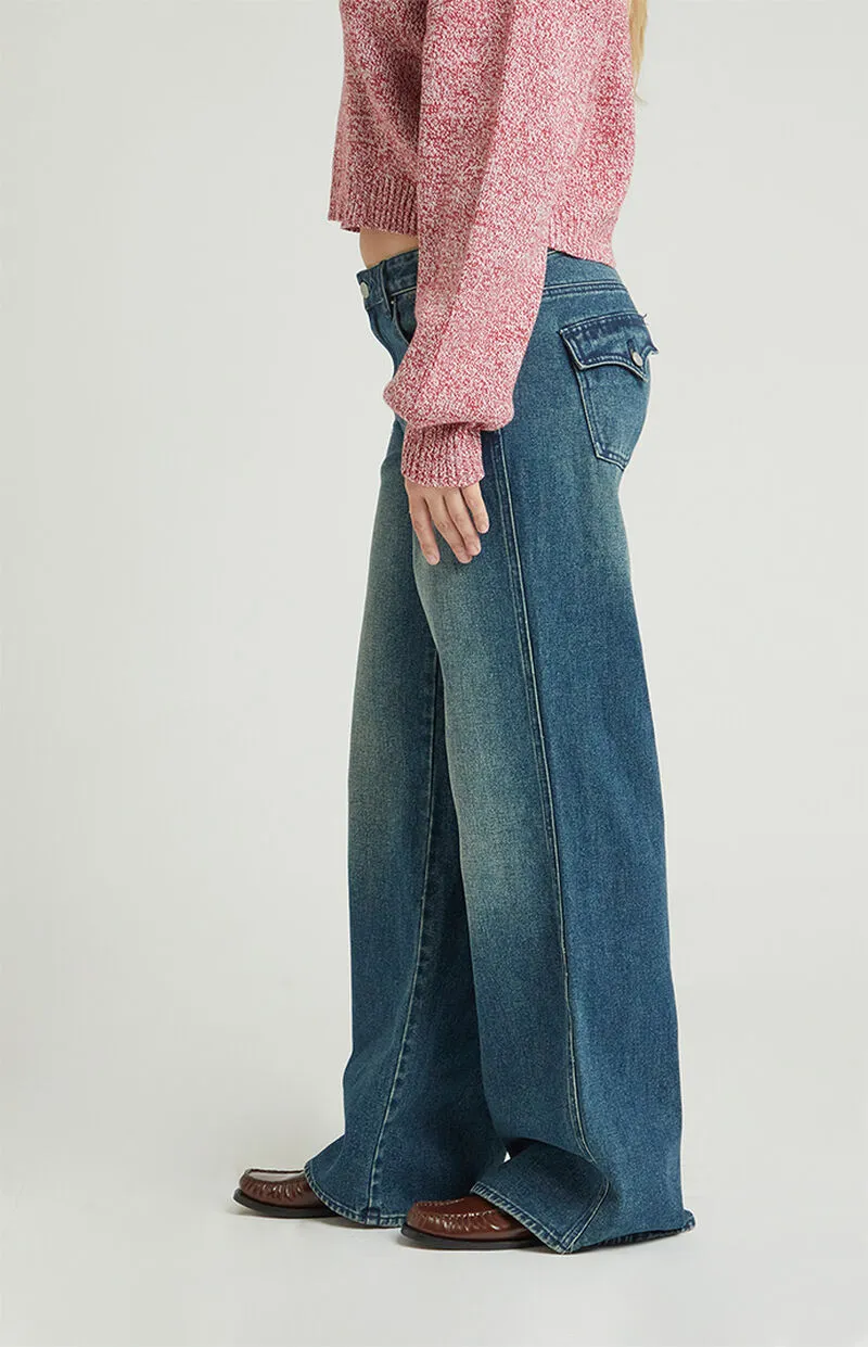 PacSun Casey Button Pocket Low Rise Baggy Jeans Dark Indigo