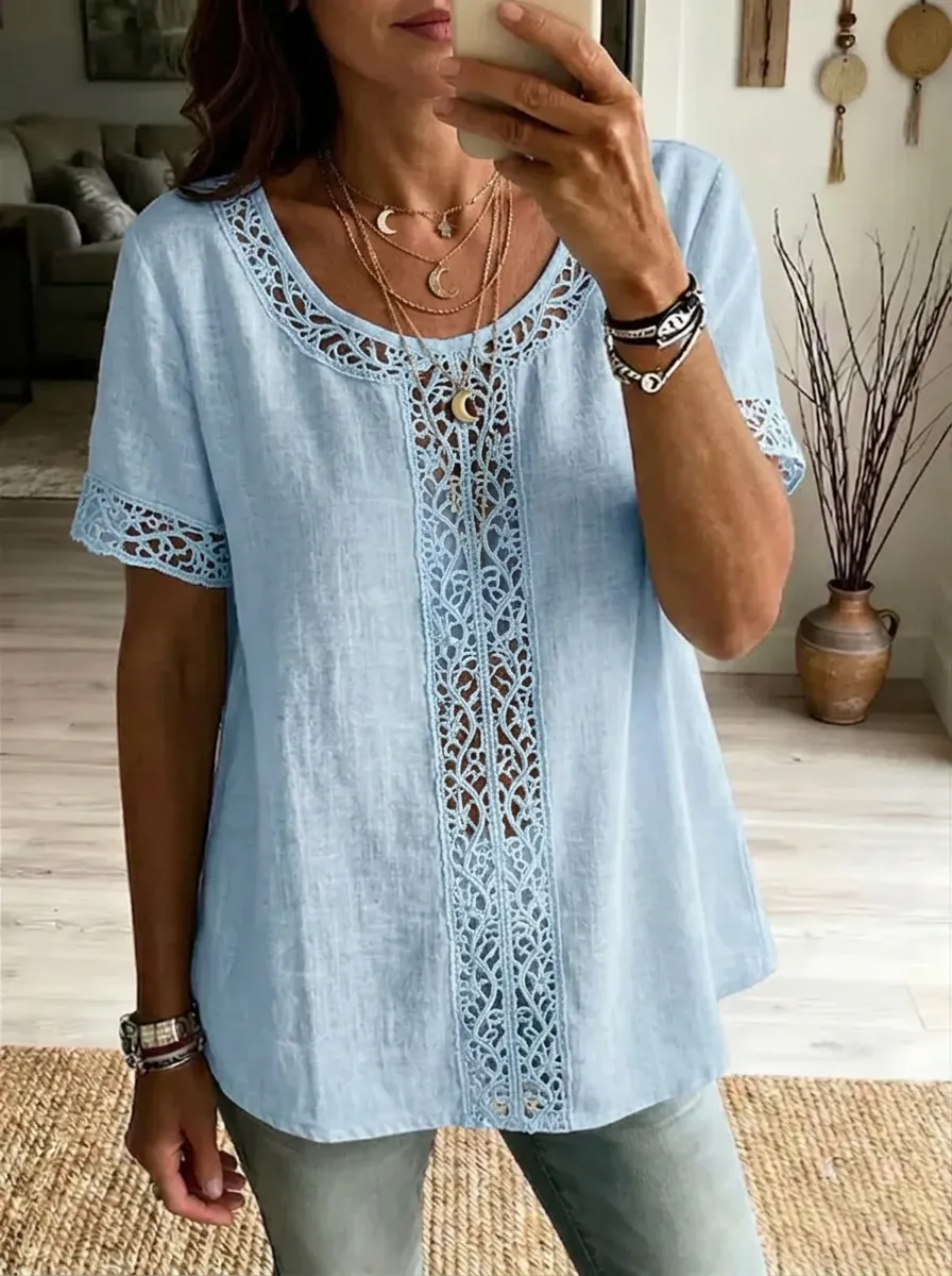 Women's Nashville Country Style Lace Trimmed Printed Top