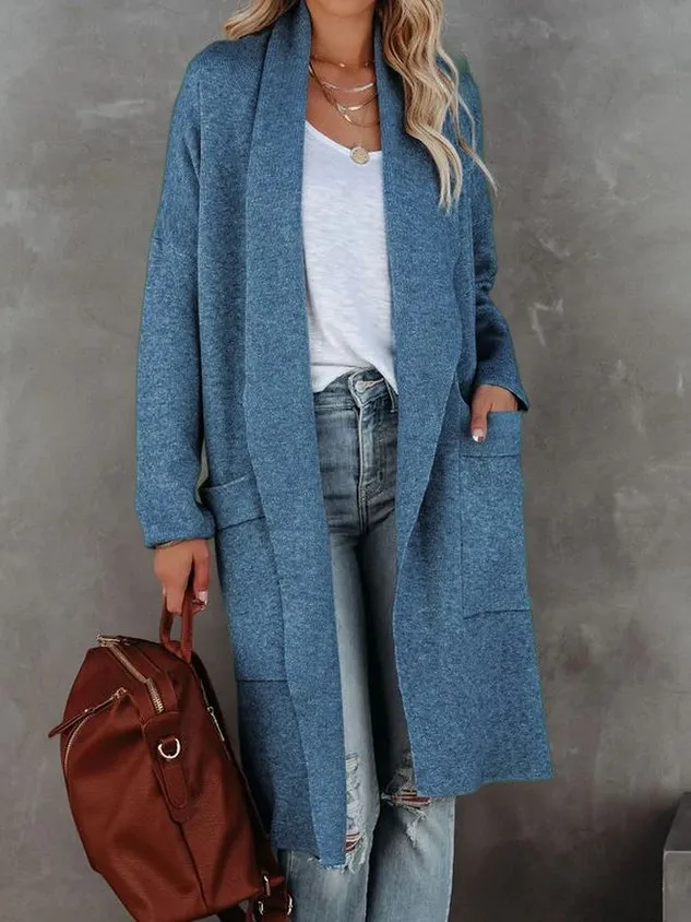 Women Long Sleeve Lapel Open Front Long Woolen Cardigan with Pockets