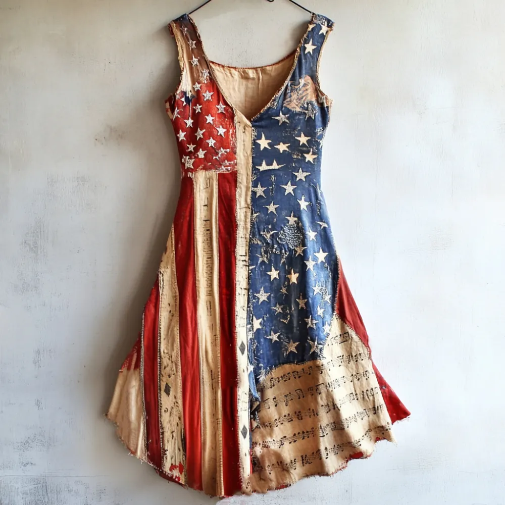 Women's Independence Day Flag And Musical Notes Short Sleeve Dress