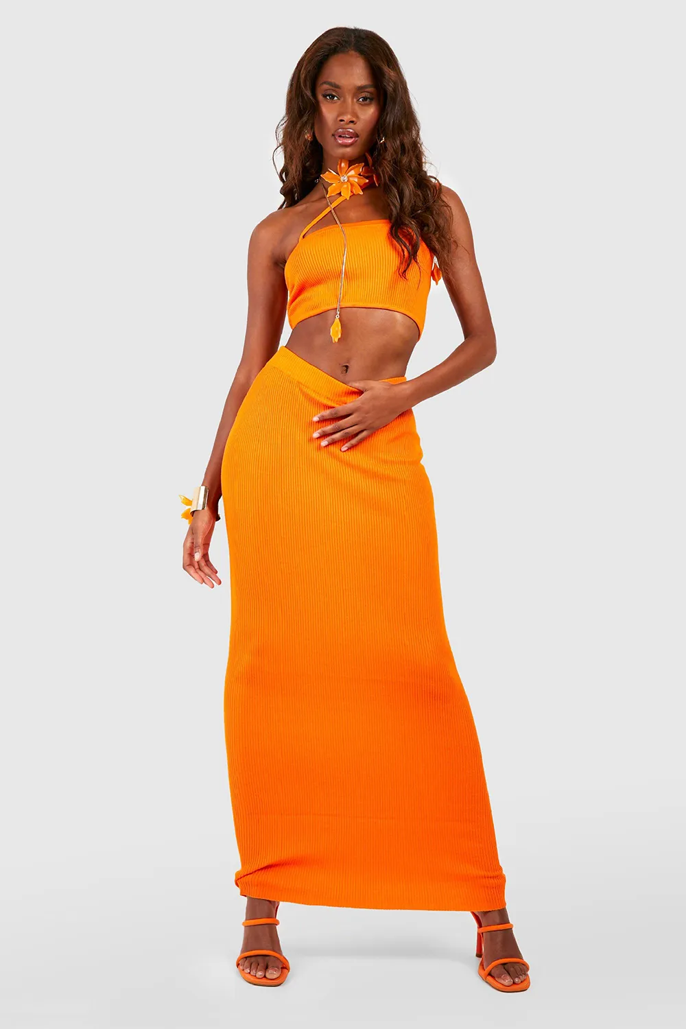 STRAPPY RIB KNIT CROP TOP AND MAXI SKIRT SET