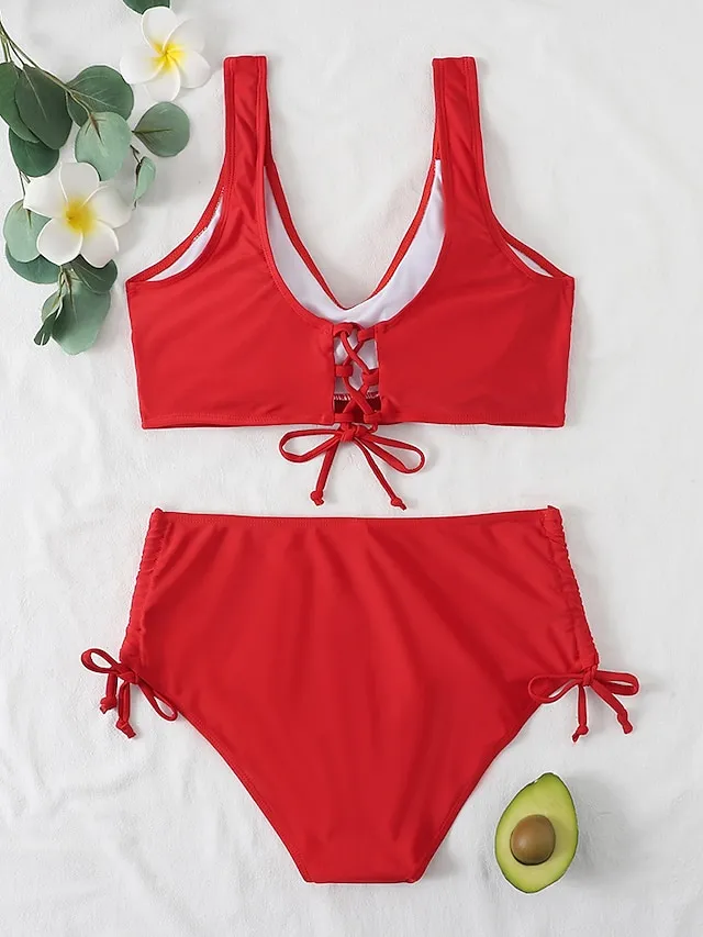 Women's Swimwear Bikini 2 Piece Normal Swimsuit Pleated 2 Piece High Waist Open Back Sexy Pure Color Black Red Fuchsia Green Padded V Wire Bathing Suits Sexy Vacation Stylish