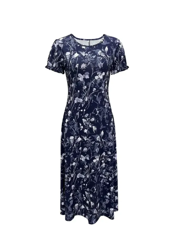 Floral Print Short Sleeve Crew Neck Dress for Women, Spring & Summer Casual Dress