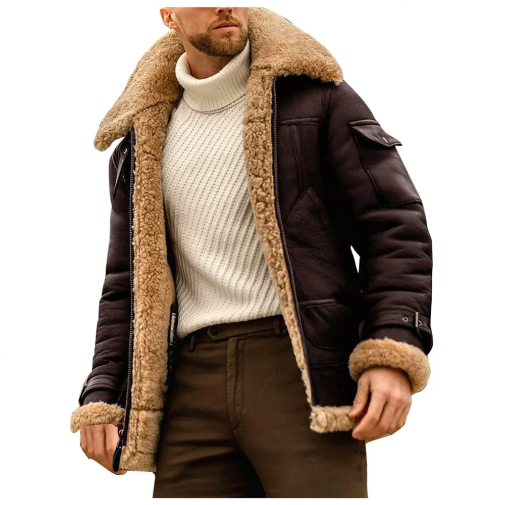 Mens Sherpa Faux Zip Up Heavyweight Plus Size Trench Coat Spread Collared Jacket