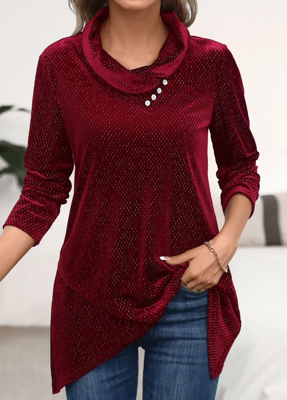 Wine Red Shinning Long Sleeve Asymmetrical Neck Sweatshirt