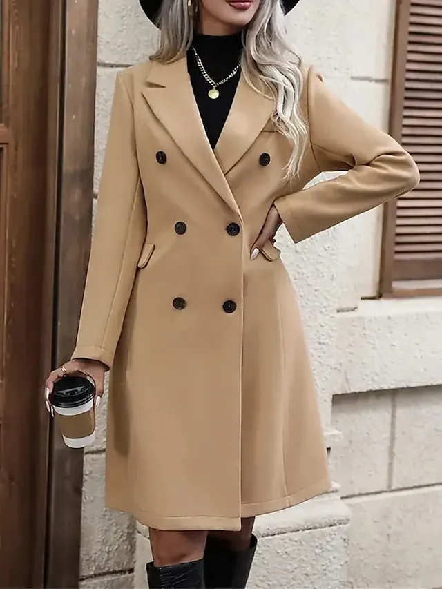 Women's Winter Coat Long Overcoat Double Breasted Lapel Trench Coat Thermal Warm Windproof Jacket Fall Casual Street Outerwear Long Sleeve Fall Winter Black Khaki