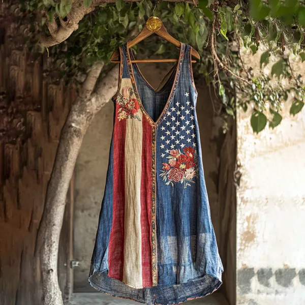 Women's Independence Day Flag Floral Embroidered V-neck Tank Midi Dress