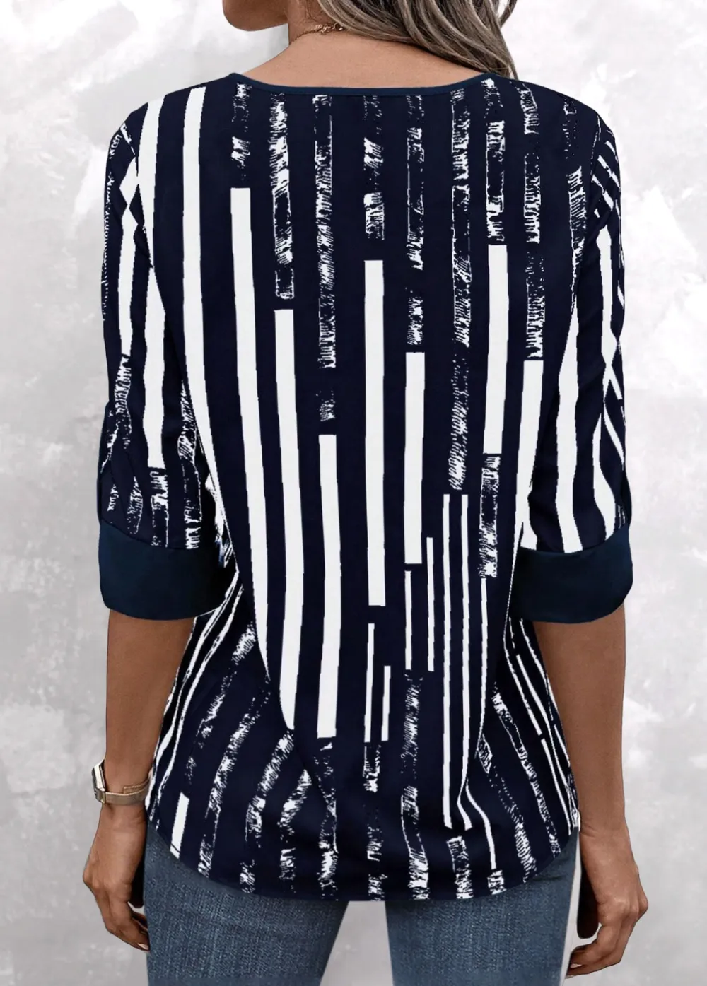 Navy Patchwork Striped 3/4 Sleeve Split Neck Blouse